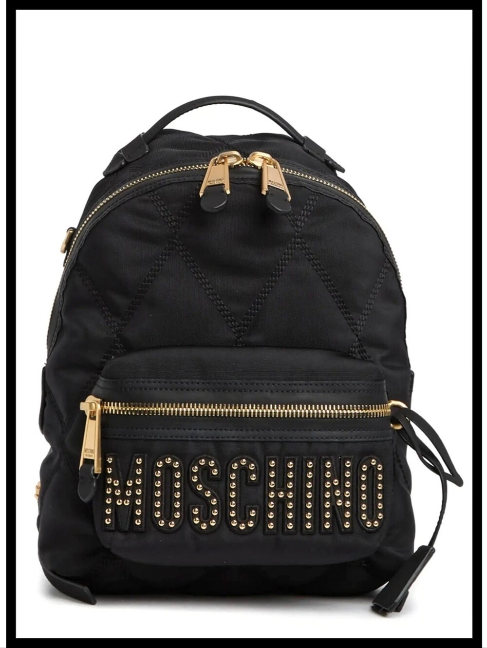 MOSCHINO Quilted Stitch Logo Backpack Gold Studded Hardware Key Ring Nylon Black